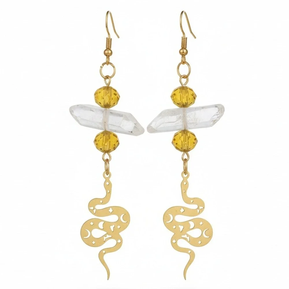 Gold‎ Snake Moon Phase Quartz Crystal Dangle Earrings